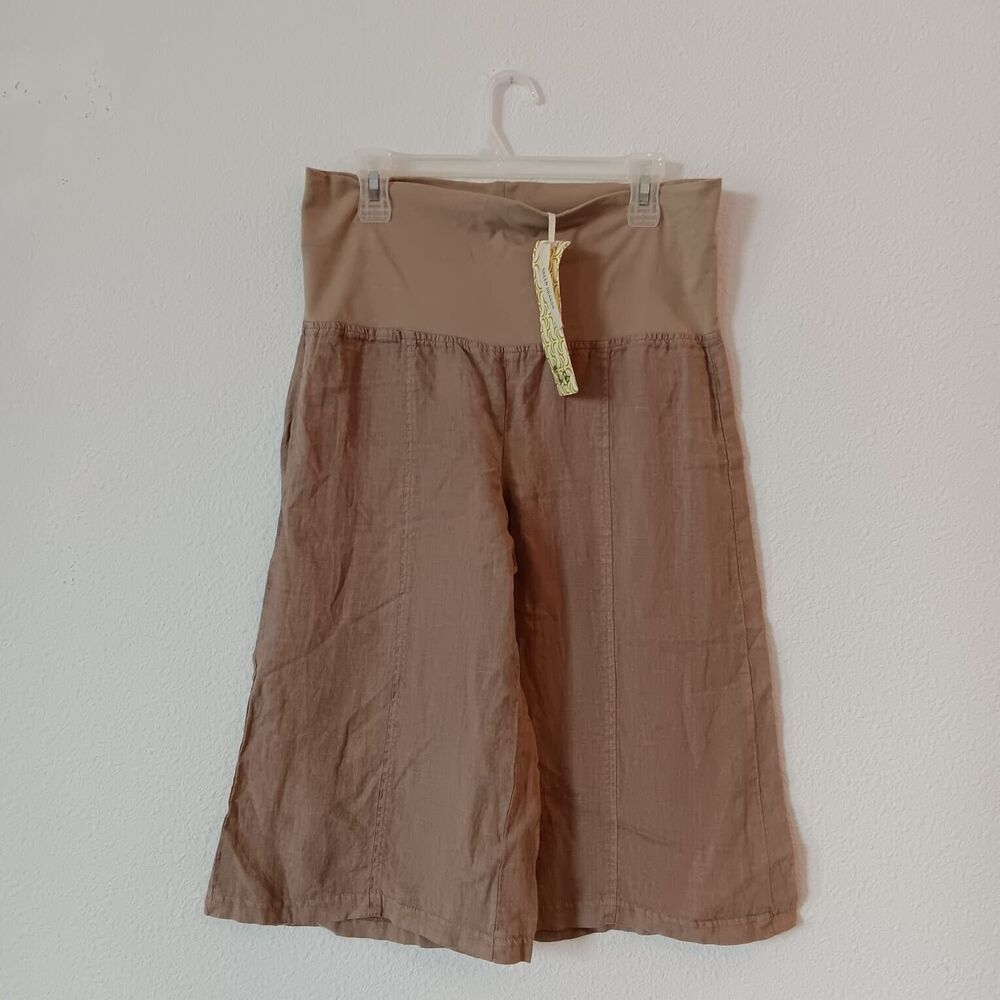 Green Dragon Lagenlook Linen Pant Large Beige Tan Roll Over Wide Leg Cropped New